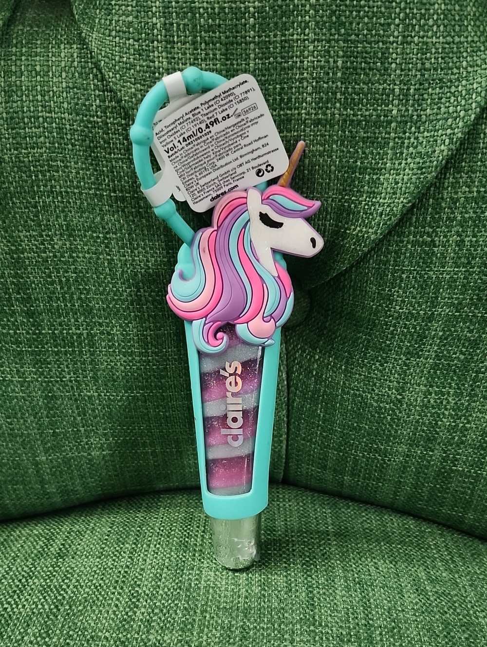 Claire's Teal Unicorn Lip Gloss Keychain with Pink and Purple Mane